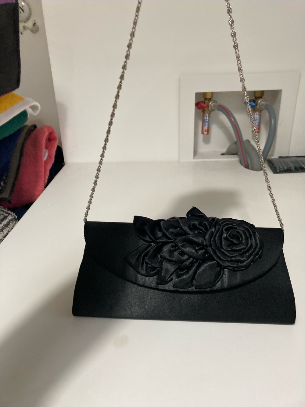 Black Floral Satin Evening Clutch with Chain